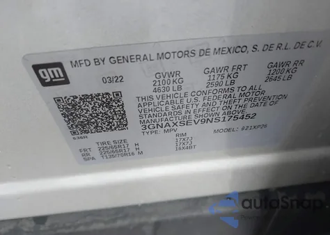2022 Chevrolet Equinox Awd Ls z USA, uszkodzony, nr VIN 3GNAXSEV9NS175452